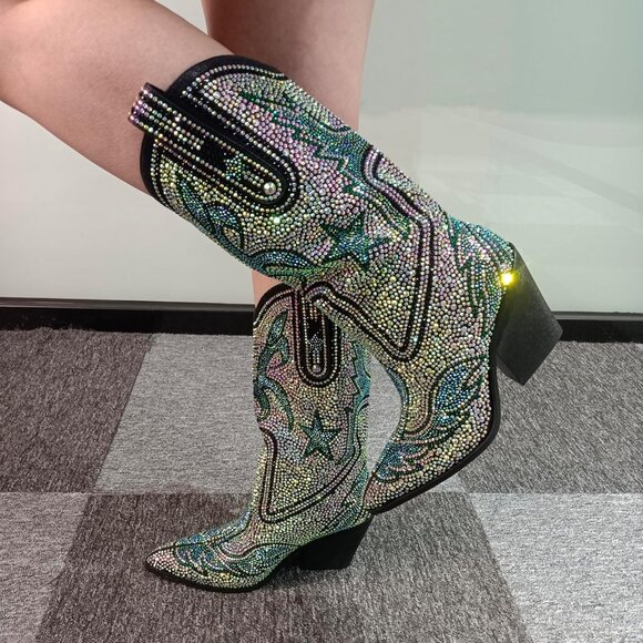 Women's Blue-green Multi-color Patterned Rhinestone Western Cowboy Mid-calf Boot - Picture 4 of 9